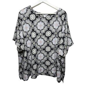Croft & Barrow Plus 1X Black White Tan Paisley Short Sleeve Blouse